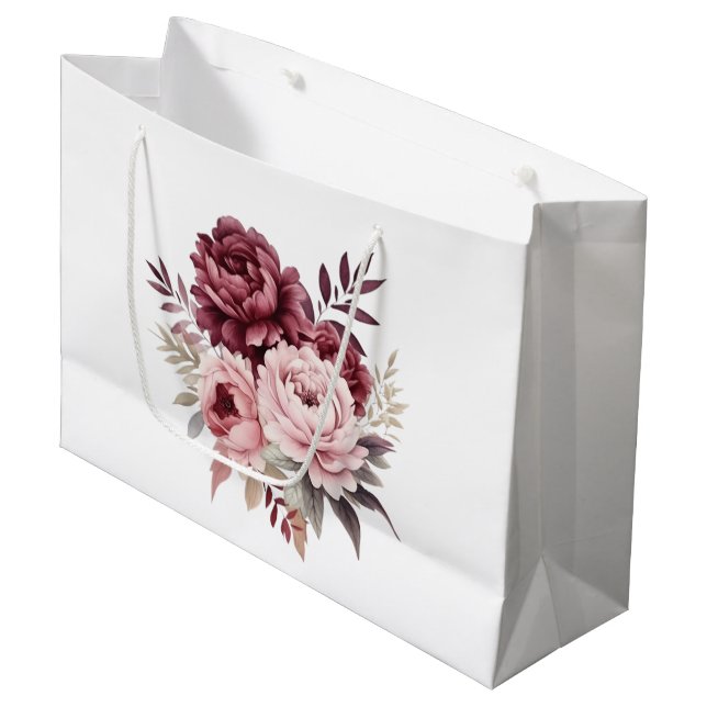 Elegante Peony Pink Burgund Wasserfarben Große Geschenktüte (Vorderseite Schrägansicht)