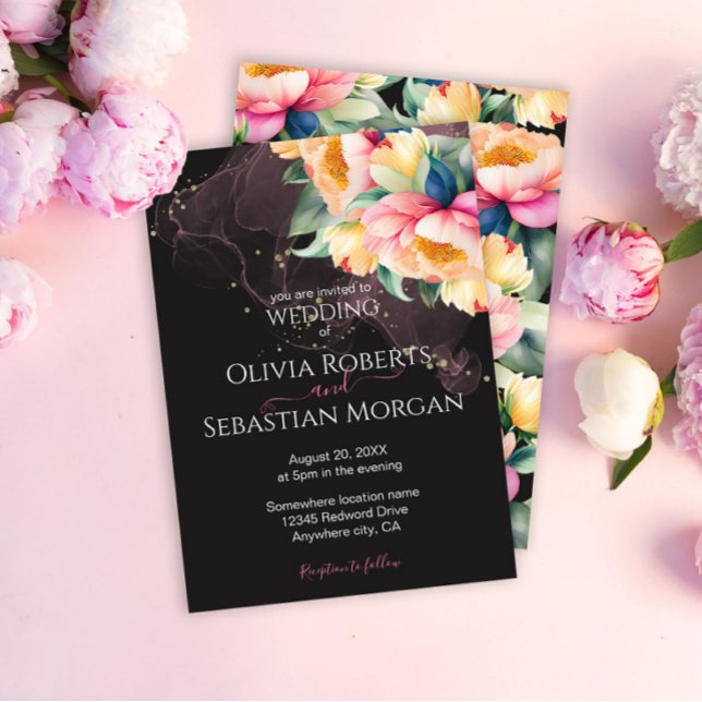 Elegante Peony Watercolor auf Schwarz | Hochzeit Einladung (Von Creator hochgeladen)