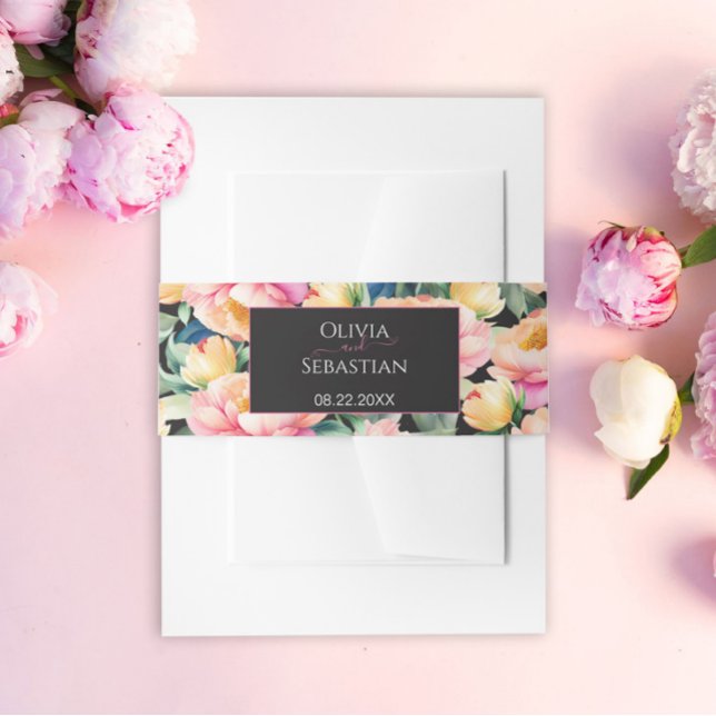 Elegante Peony Watercolor auf Schwarz | Hochzeit Einladungsbanderole (Von Creator hochgeladen)