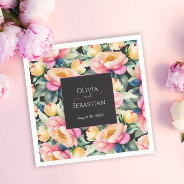 Elegante Peony Watercolor auf Schwarz | Hochzeit Serviette (Von Creator hochgeladen)