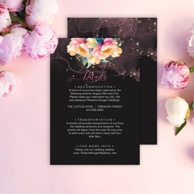 Elegante Peony Watercolor auf Schwarz | Hochzeitsr Begleitkarte (Von Creator hochgeladen)