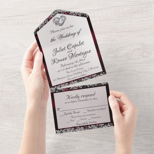 Elegante Perle, Burgund Ribbon & Glitzer Borders All In One Einladung (Abreißen)