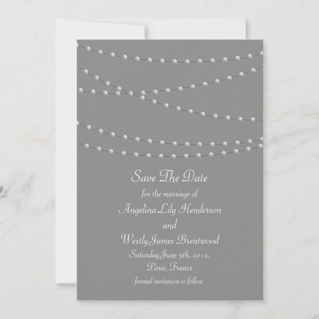 Elegante Perlen auf Grau Save the Date (Vorderseite)