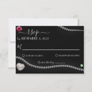 Elegante Perlen & Juwelen auf Black Satin Wedding RSVP Karte