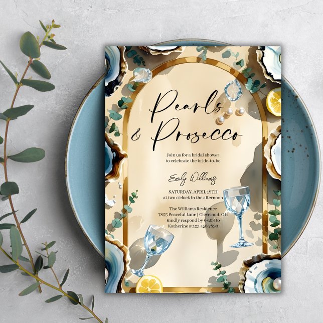 Elegante Perlen & Prosecco Brautparty Einladung (Pearls & Prosecco Bridal Shower – Oyster, Bubbly Glasses, Luxe Arch, Personalized)