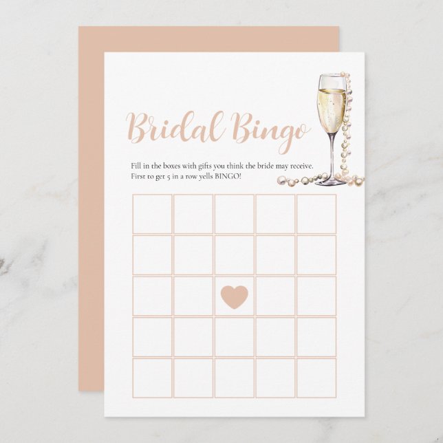 Elegante Perlen & Prosecco Bridal Bingo Game Card Einladung (Vorne/Hinten)
