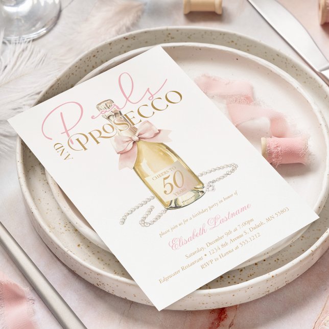 Elegante Perlen & Prosecco Rosa Schleife 50. Gebur Einladung (Elegant Pearls & Prosecco Pink Bow 50th Birthday Invitation)