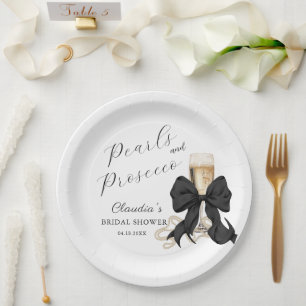Elegante Perlen & Prosecco Schwarze Schleife Braut Pappteller