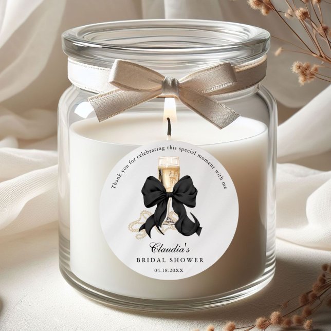 Elegante Perlen & Prosecco Schwarze Schleife Braut Runder Aufkleber (Pearls and Prosseco Thank you bridal shower stickers)