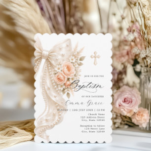 Elegante Perlen-Schleife und florale Taufeinladung Einladung