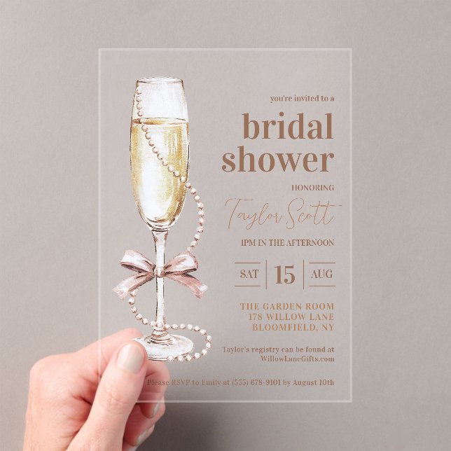 Elegante Perlen und Prosecco Acryleinladungen (Insitu (Handheld))