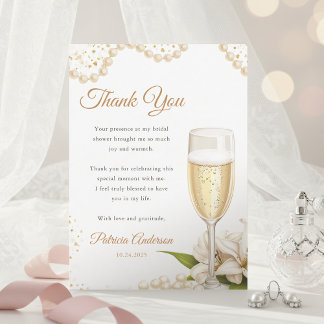 Elegante Perlen- und Prosecco-Brautabschied Wasser Dankeskarte