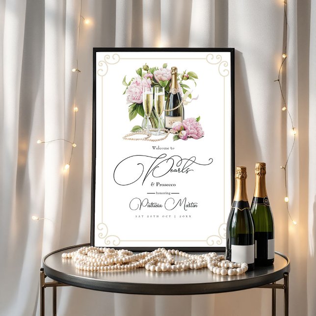 Elegante Perlen und Prosecco Brautparty Willkommen Poster (Elegant Pearls and Prosecco Bridal Shower Welcome Poster)