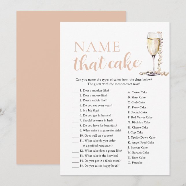 Elegante Perlen und Prosecco Name, das Kuchenspiel Einladung (Vorne/Hinten)