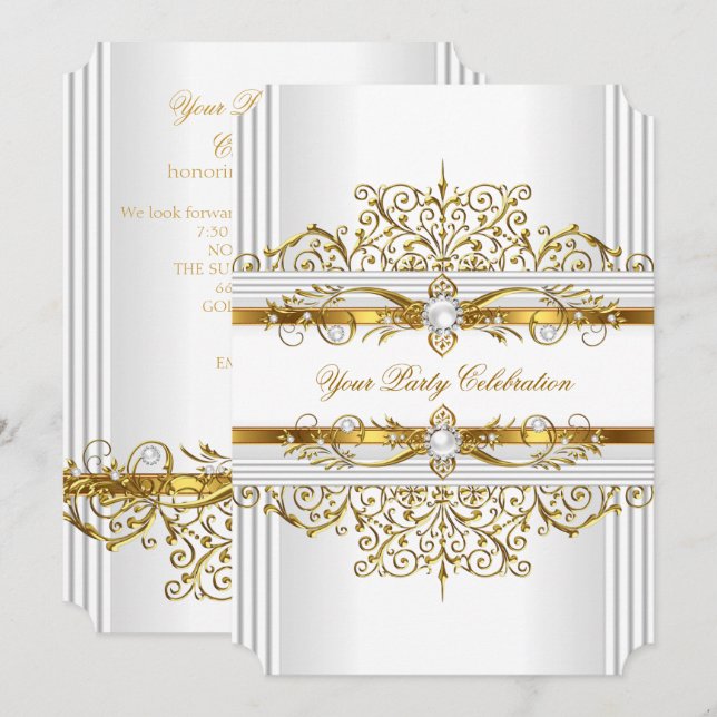 Elegante Perlen Weißes Gold Einladung (Vorne/Hinten)