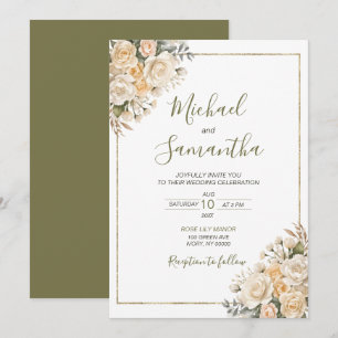 Elegante Perlweiße und Elfenbein-Rosen-Hochzeit Einladung