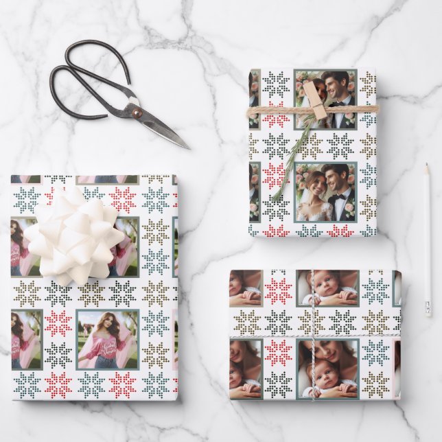 Elegante Personalisierte Fotos und Holiday Poinset Geschenkpapier Set (Vorderseite)