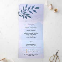 Elegante Personalisierte Hochzeit in blauer Ästhet Dreifach Gefaltete Einladung