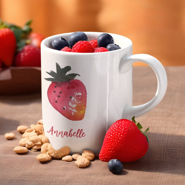 Elegante Personalisierte Rote Wasserfarbe Erdbeere Kaffeetasse (This strawberry mug features my hand-painted watercolor berry, plus your name in chic retro script.)