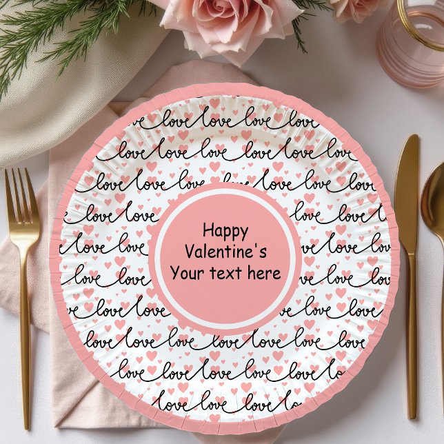 Elegante personalisierte Tisch-Liebe-Text-Kunst Va Pappteller (Personalized Valentine Pink Black Hearts Sketch Paper Plates)