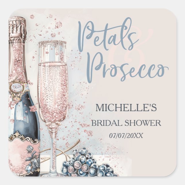 Elegante Petals & Prosecco Boho Blush Pink Sommer Quadratischer Aufkleber (Vorderseite)