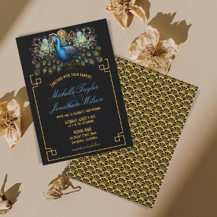 Elegante Pfau Art Deco Schwarz und Gold Vintage Einladung