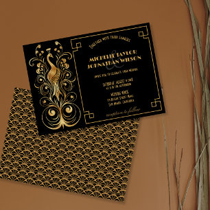 Elegante Pfau Art Deco Schwarz und Gold Vintage Einladung