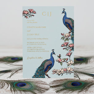 Elegante Pfauen-Hochzeit mit Blumen Folieneinladung