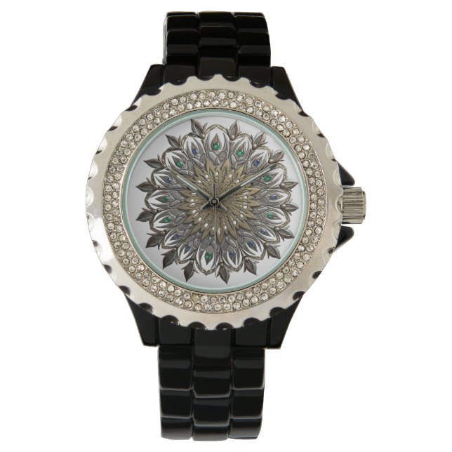 Elegante Pfauen-Mandala-Uhr Armbanduhr (Vorderseite)