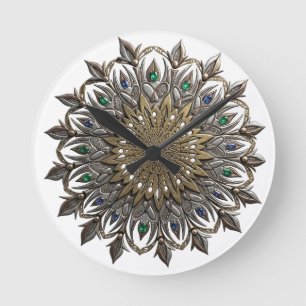 Elegante Pfauen-Mandala-Uhr Runde Wanduhr
