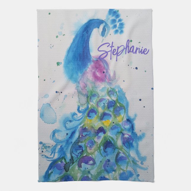 Elegante Pfauen Wasserfarben Womens Pastellfarben Geschirrtuch (Vertikal)