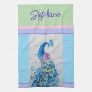 Elegante Pfauen Wasserfarben Womens Pastellfarben Geschirrtuch