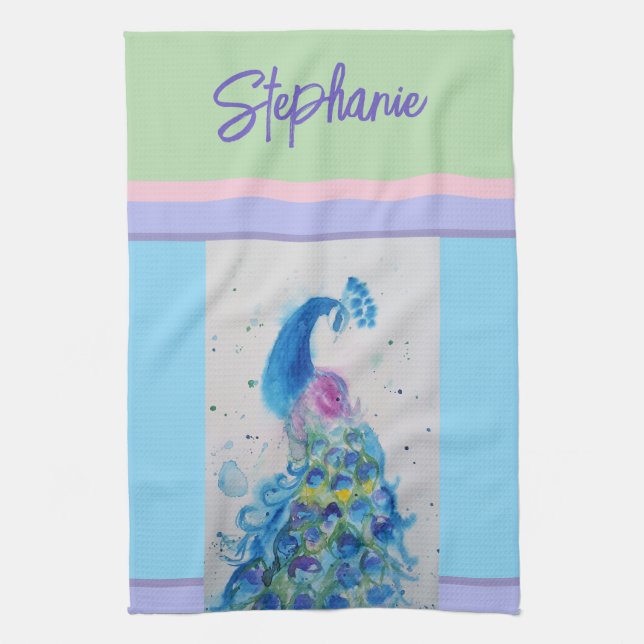 Elegante Pfauen Wasserfarben Womens Pastellfarben Geschirrtuch (Vertikal)