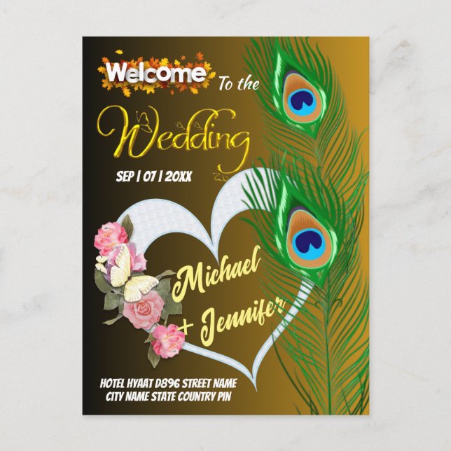 Elegante Pfauenfeder & Rose Custom Wedding Postkarte (Vorderseite)