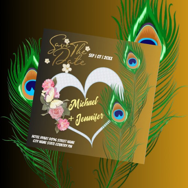 Elegante Pfauenfeder & Rose Custom Wedding Save The Date (Von Creator hochgeladen)