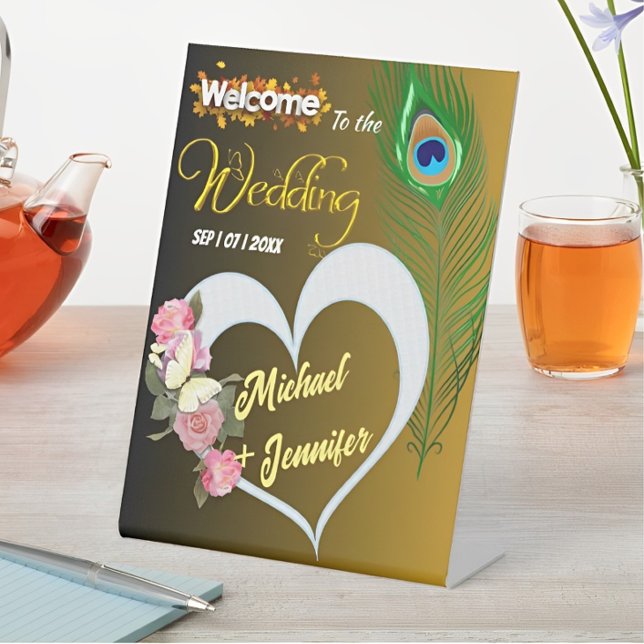 Elegante Pfauenfeder & Rose Custom Wedding Sockelschild (Von Creator hochgeladen)