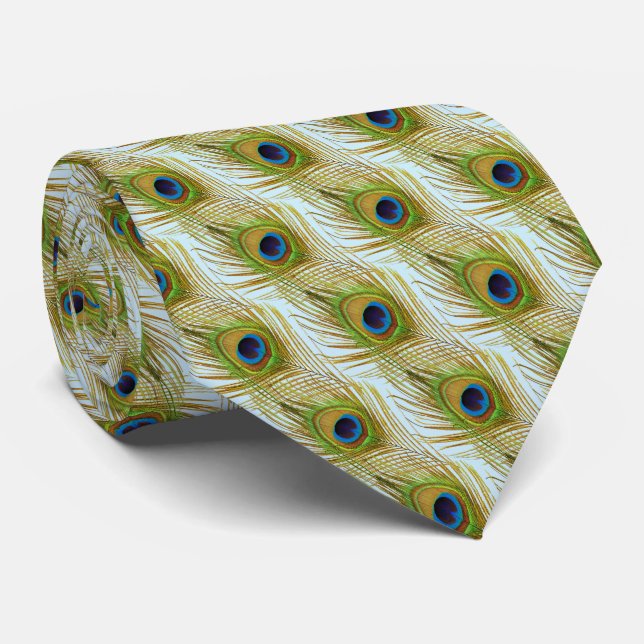 Elegante Pfauenfedern auf hellblau Krawatte (Gerollt)