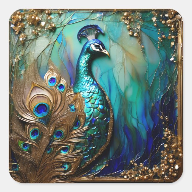 Elegante Pfauenvogel Kunst Nouvea aquamarines Gold Quadratischer Aufkleber (Vorderseite)