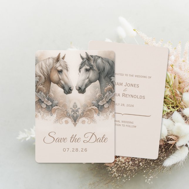 Elegante Pferde, die die Datumskarte sichern Save The Date (Elegant Horses Wedding Save The Date Card (front and back))
