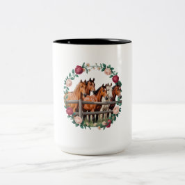 Elegante Pferde in floraler Kranz Kunst Zweifarbige Tasse
