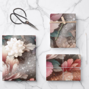 Elegante Pfingstrosen-Blumen-Glitter-Kunst Geschenkpapier Set