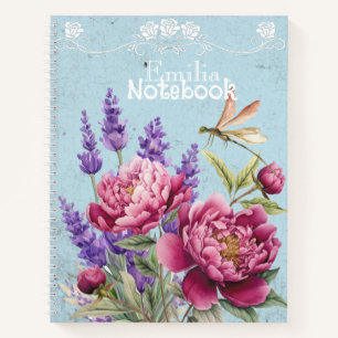 Elegante Pfingstrosen mit Monogramm Lavendel Blau Notizbuch