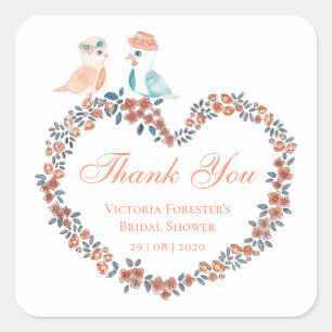 Elegante Pfirsich-Aquarell-Liebesvogel-Brautparty Quadratischer Aufkleber