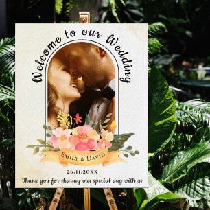 Elegante Pfirsich-Blumen-Foto-Tor-Hochzeitsbegrüßu Poster