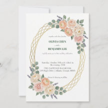 Elegante Pfirsich-Blumen- & Gold-Gitter-Oval-Hochz