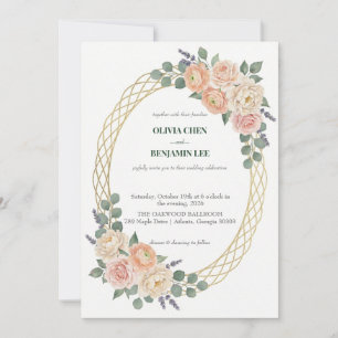 Elegante Pfirsich-Blumen- & Gold-Gitter-Oval-Hochz Einladung