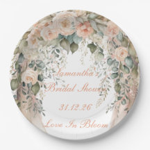 Elegante Pfirsich-Blumen-Hochzeitspapierteller
