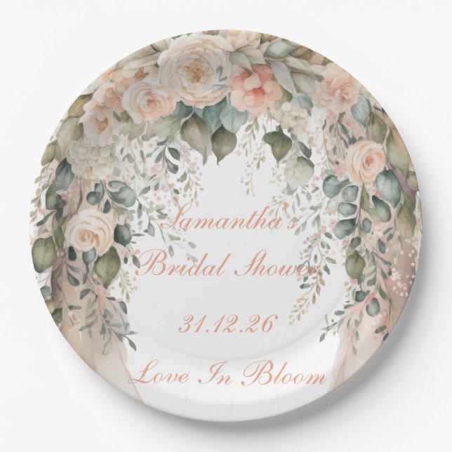 Elegante Pfirsich-Blumen-Hochzeitspapierteller Pappteller (Vorderseite)