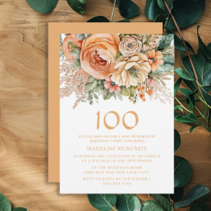 Elegante Pfirsich-Creme-Blumen 100. Geburtstag Einladung