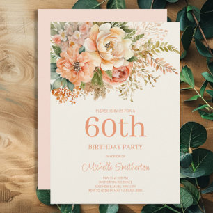 Elegante Pfirsich-Creme-Blumen 60. Geburtstag Einladung